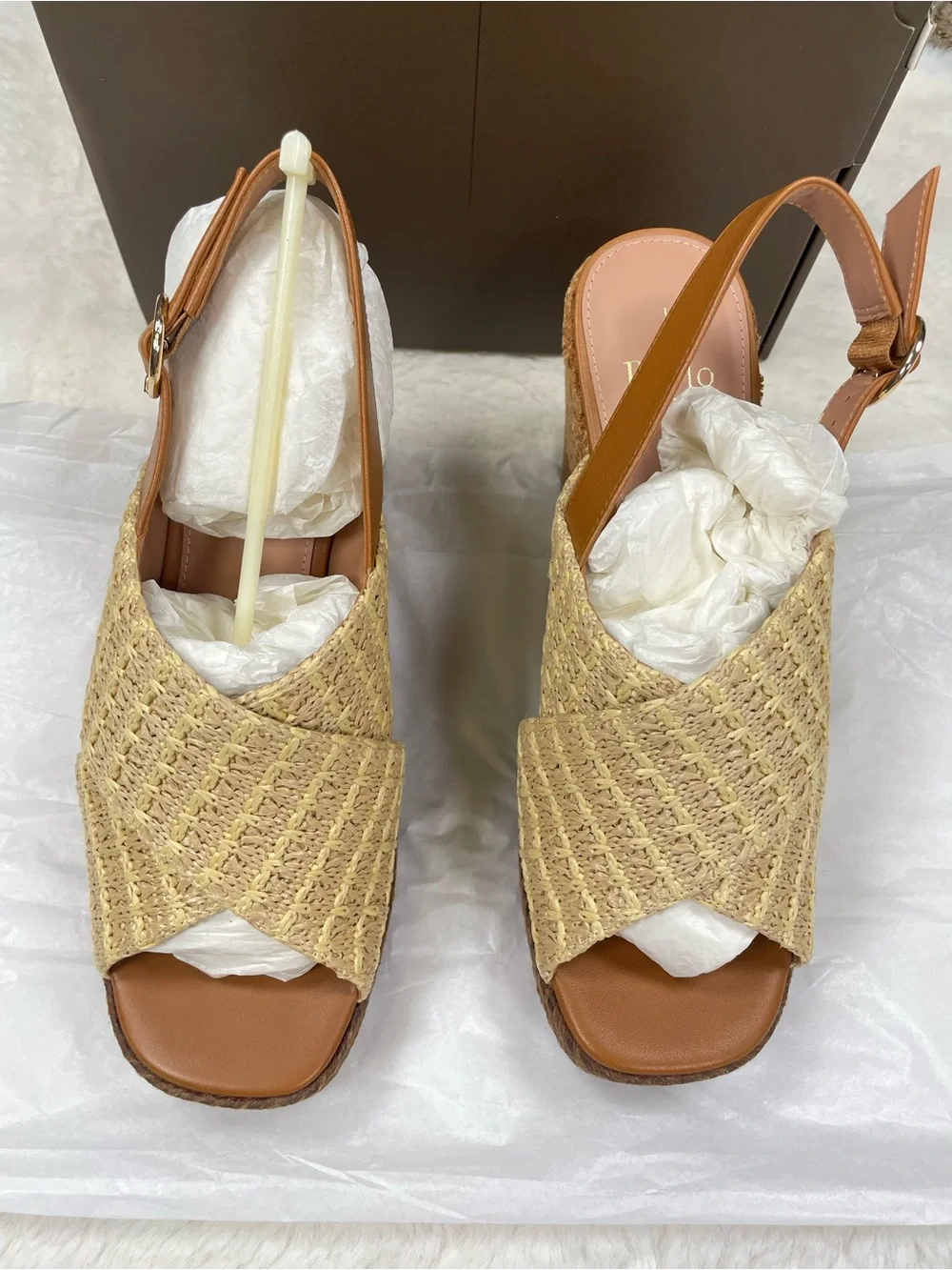 Paolo Beige & Tan Woven Platform Slingback Wedges 9.5